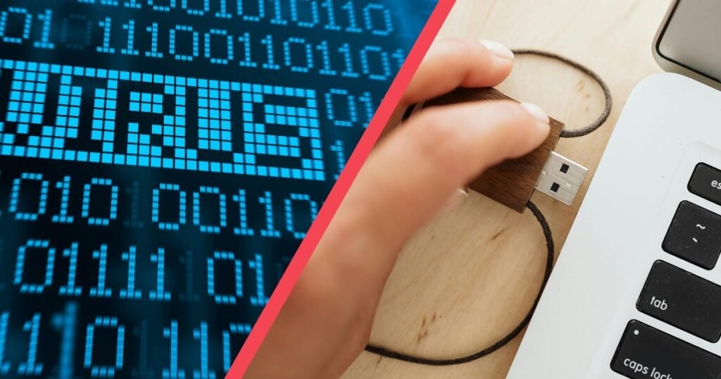 Side by side image of a computer virus and a USB drive