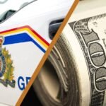 Side by side image of the Royal Canadian Mounted Police (RCMP) vehicle and dollar bills