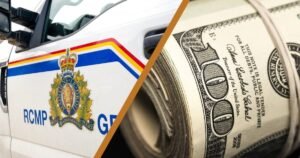 Side by side image of the Royal Canadian Mounted Police (RCMP) vehicle and dollar bills